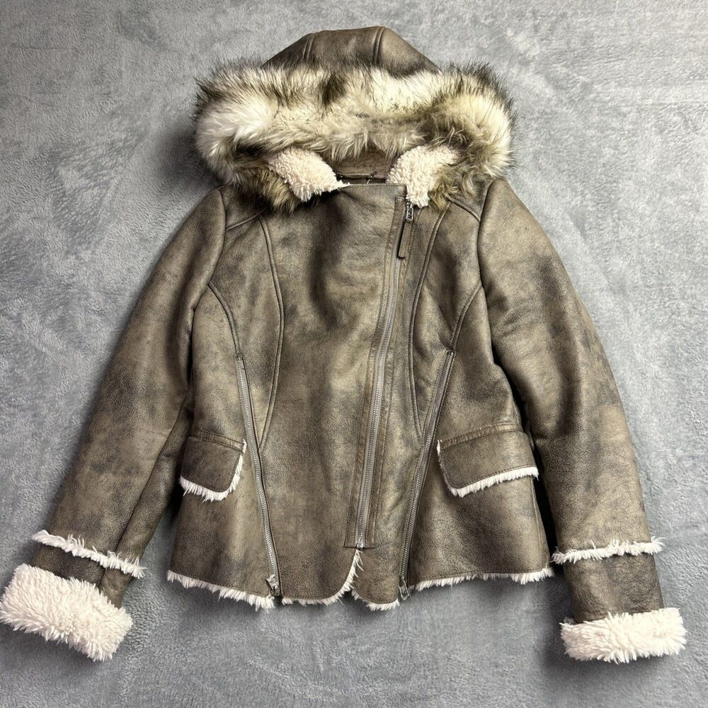 Laundry by Shelli Segal Womens Jacket Faux Fur Hood Faux Suede Sz. Large - Picture 5 of 11